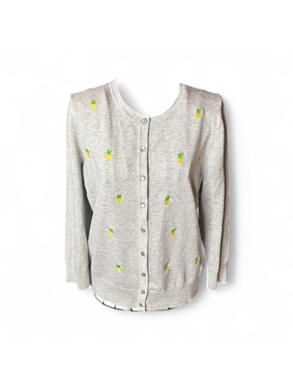 Cable & Gauge Gray Pineapple Embroidered Button Up Cardigan Sweater Large